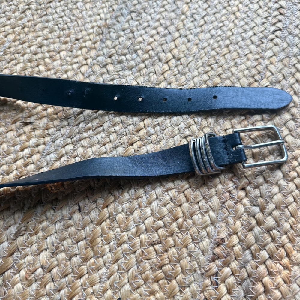 Vintage Black Leather Belt Silver Triple Loop Buckle Skinny Minimalist 37 Inch
